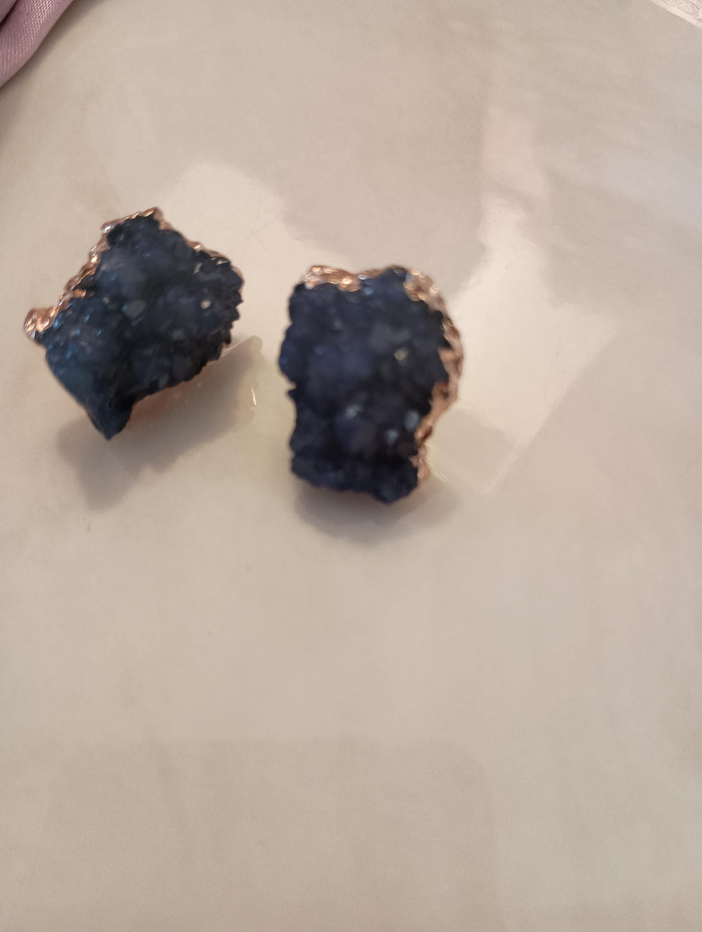 Blue navy royal drusy druzy gold stud earrings large