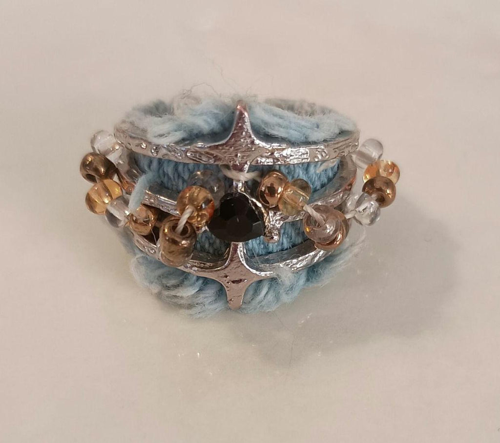 Denim Fabric Ring with Black Onyx Stars, Gothic Punk Statement Ring (Size 5)