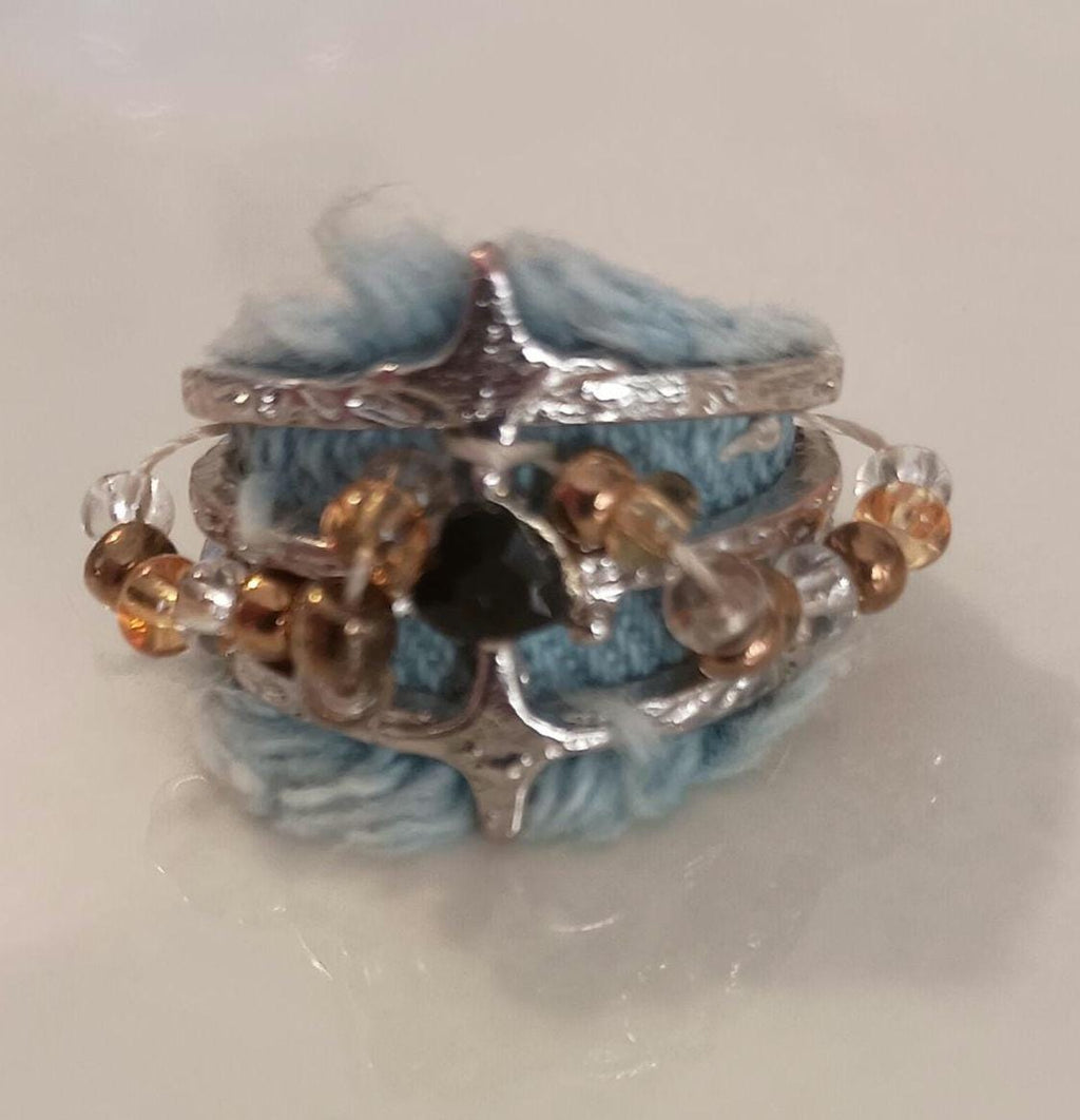 Denim Fabric Ring with Black Onyx Stars, Gothic Punk Statement Ring (Size 5)