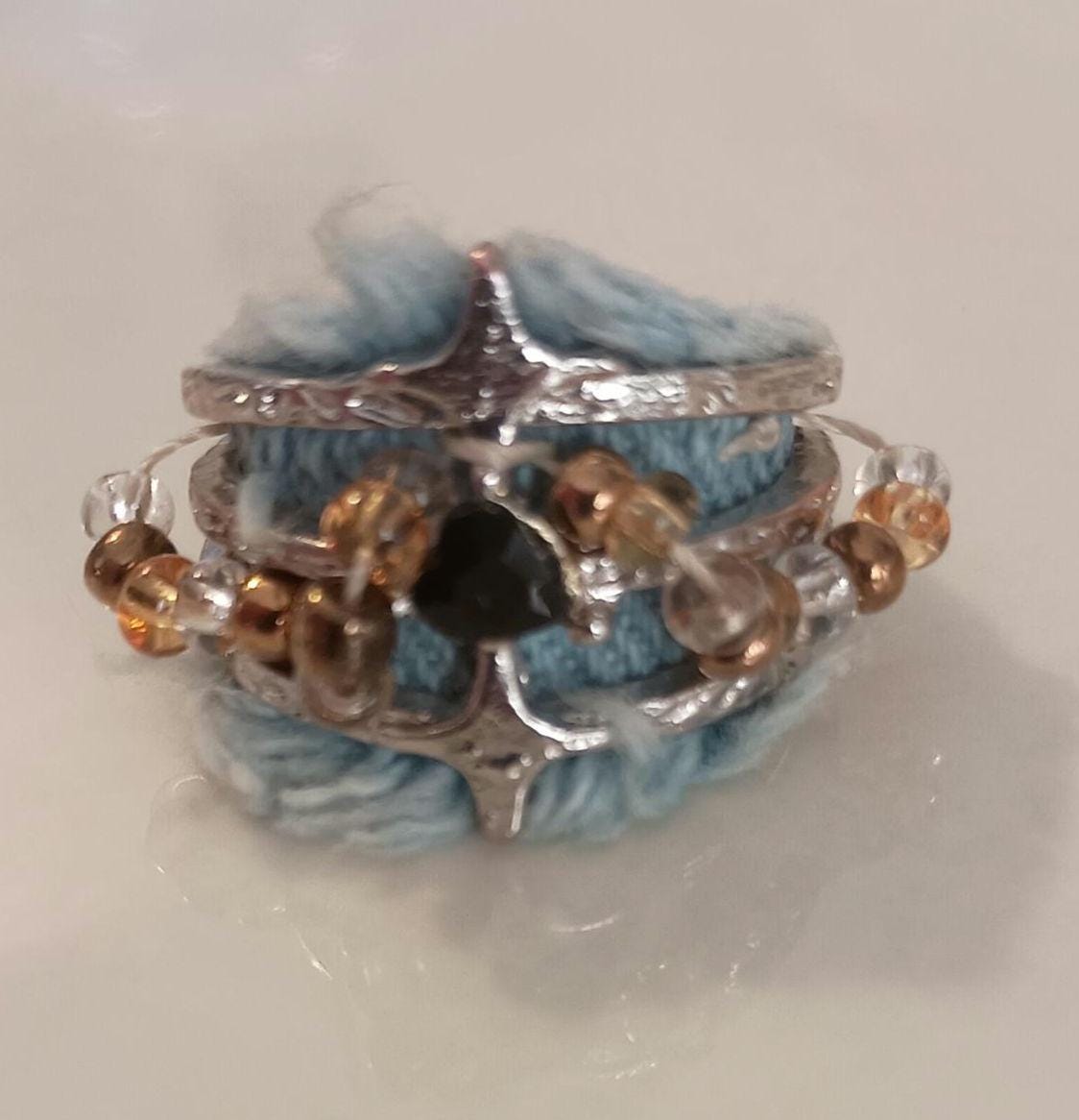 Denim Fabric Ring with Black Onyx Stars, Gothic Punk Statement Ring (Size 5)