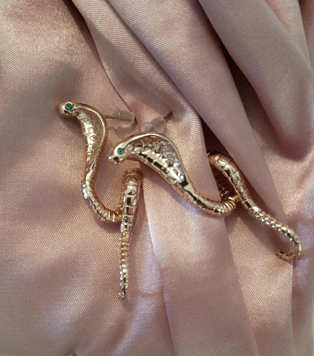 Cobra earrings green eyes long gold statement snake Egyptian reptile huge pretty