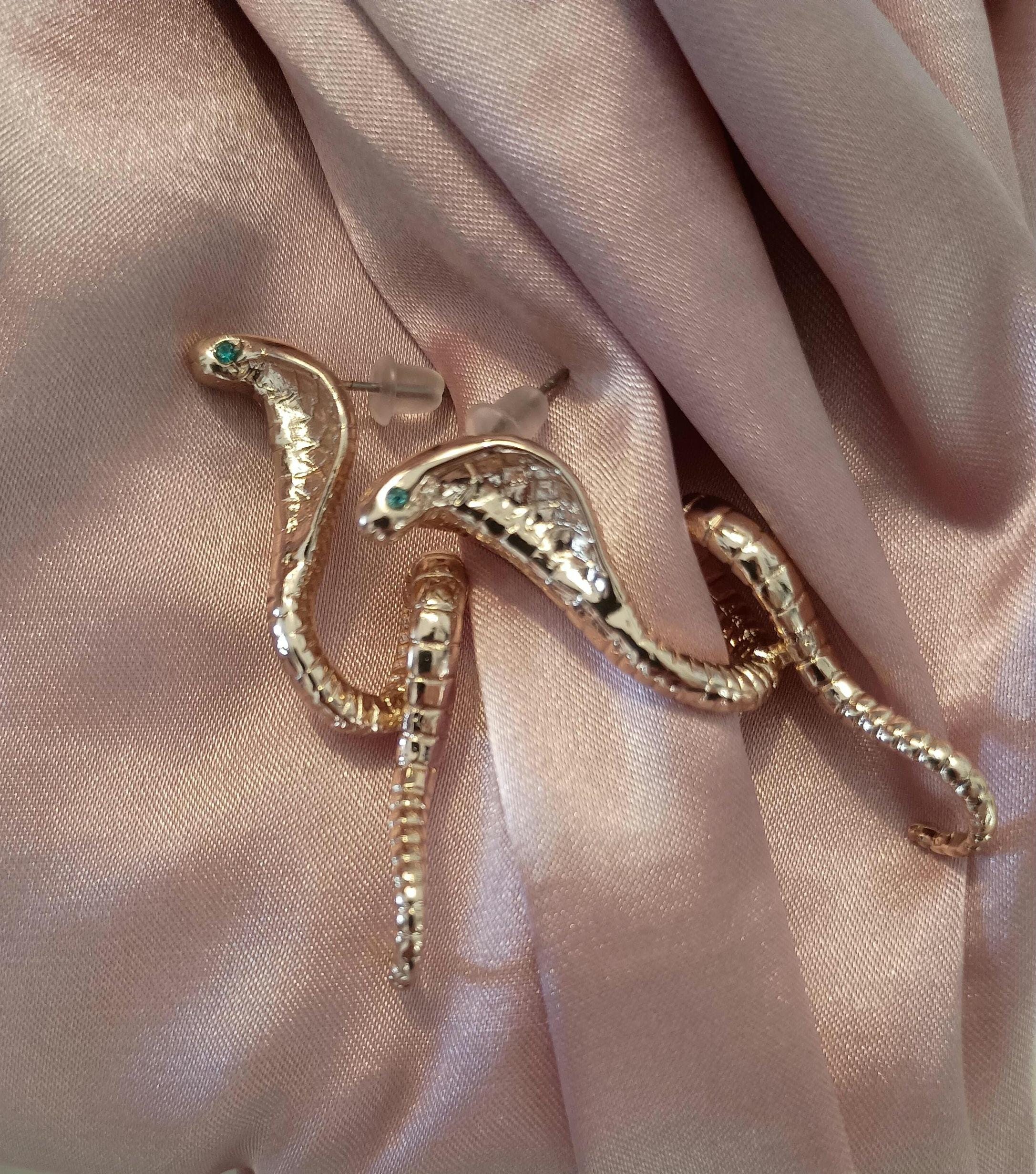 Cobra earrings green eyes long gold statement snake Egyptian reptile huge pretty