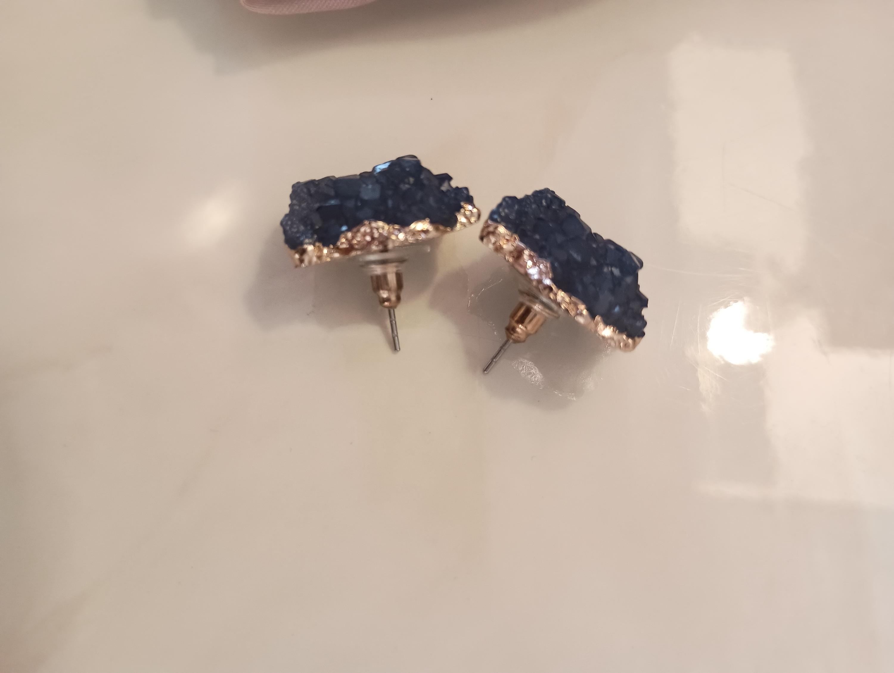 Blue navy royal drusy druzy gold stud earrings large
