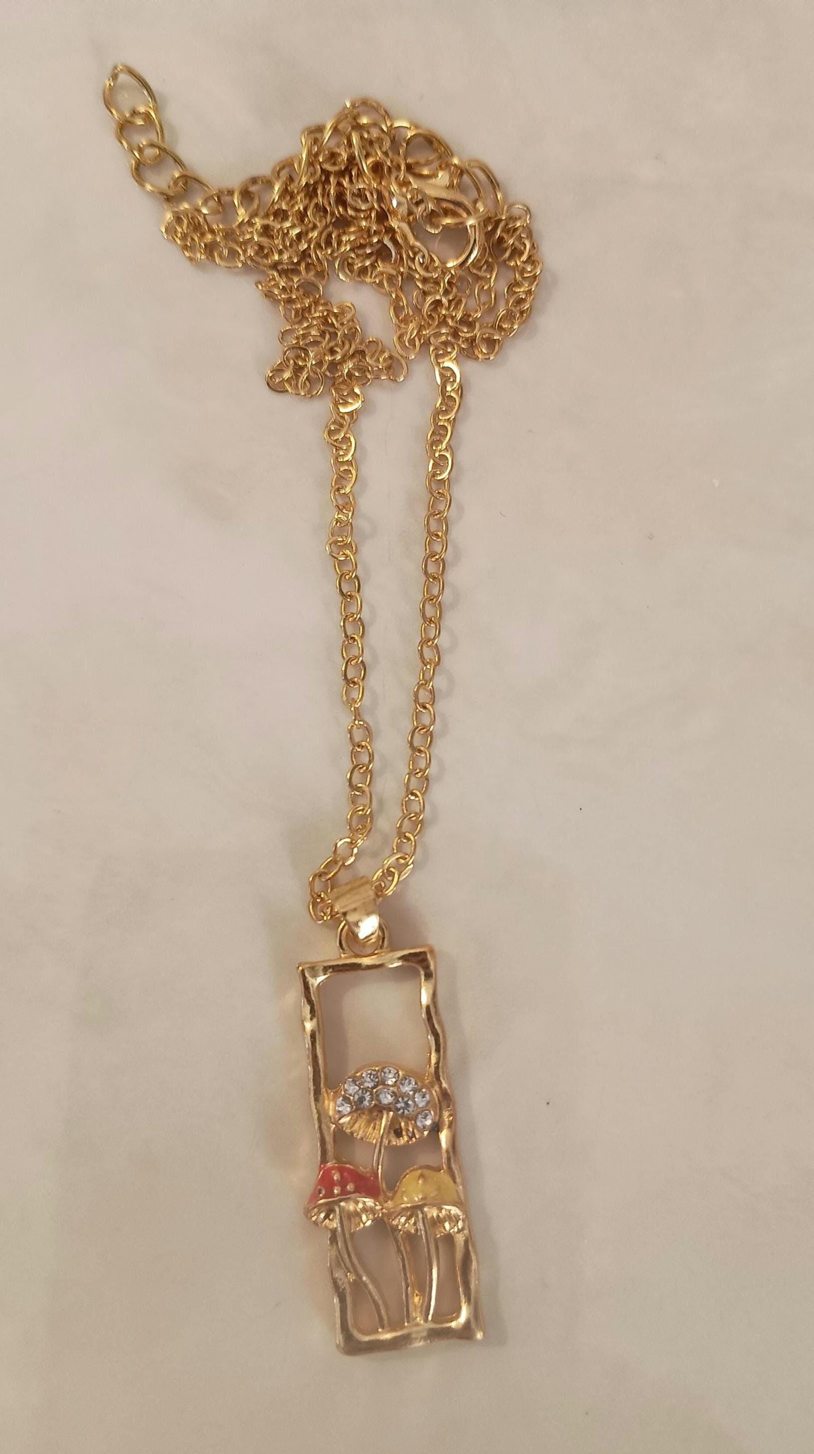 Gold rectangle mushroom necklace. Fairy garden. Whimsical red yellow.