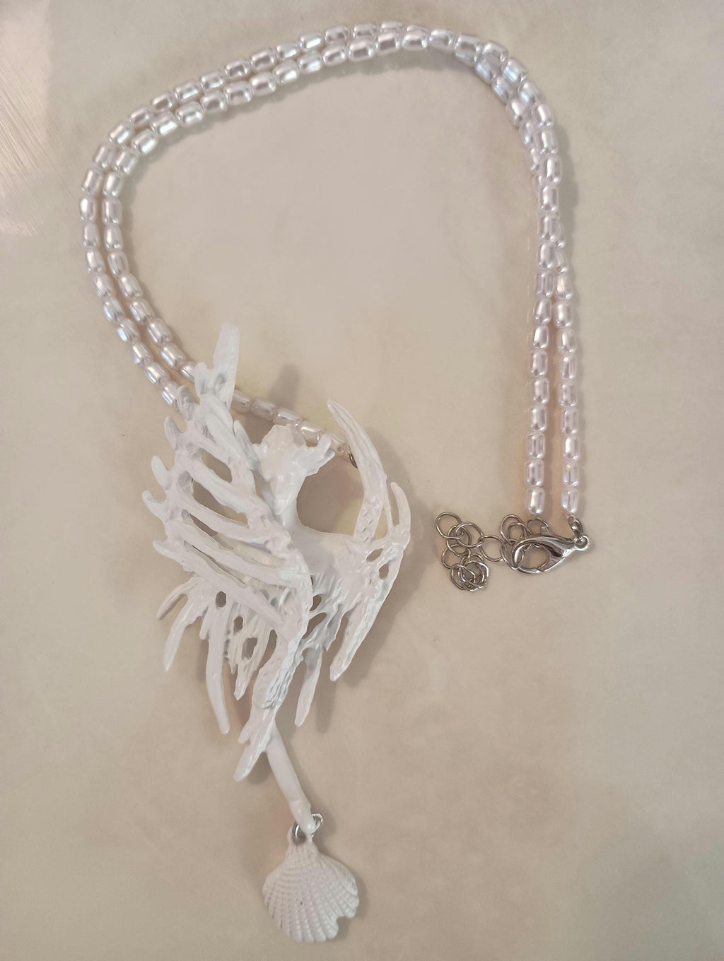 Mermaid Aphrodite shell pearl bisque white statement necklace huge unusual