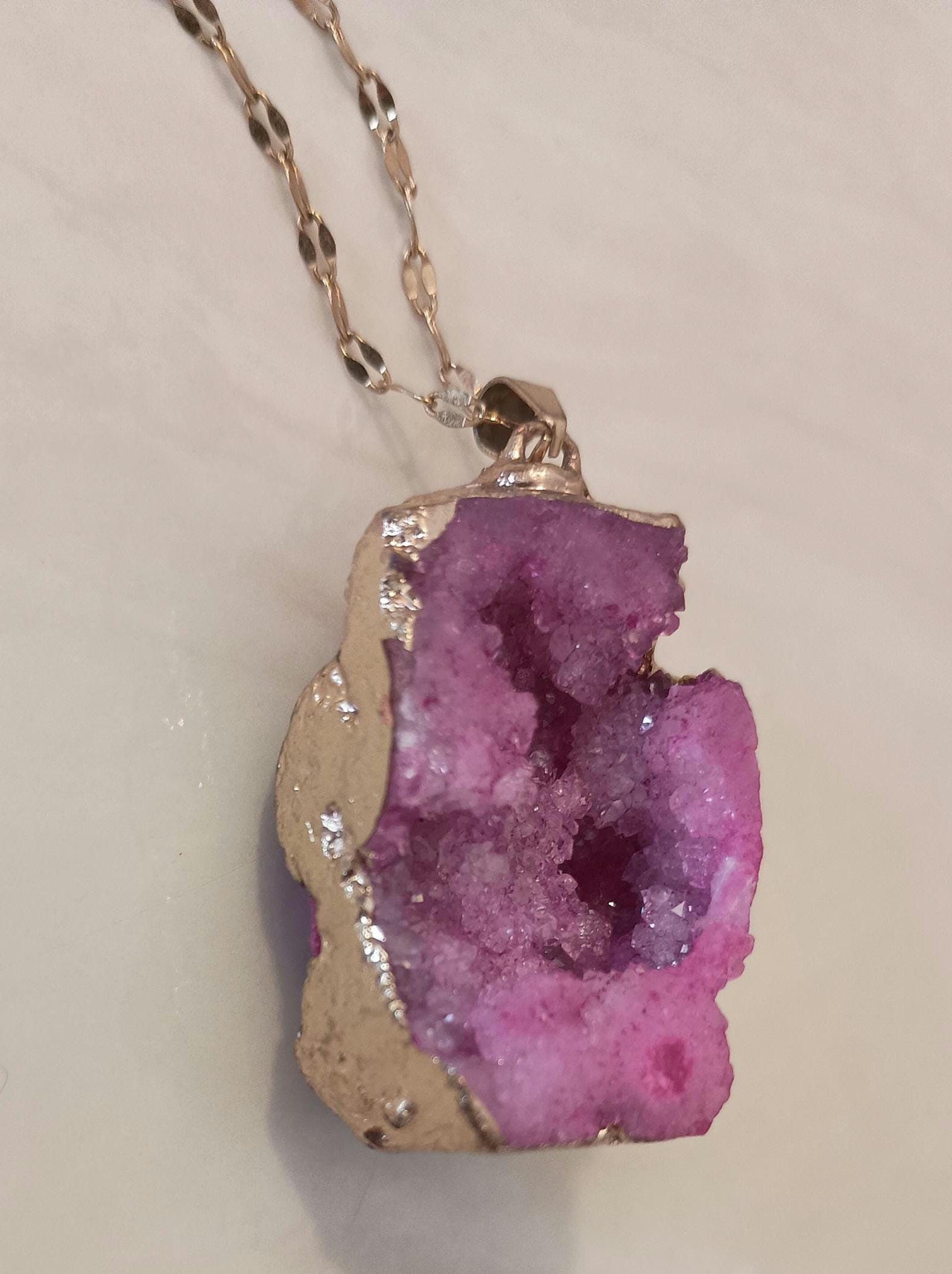 Huge pink fuschia drusy druzy natural chunky gold necklace