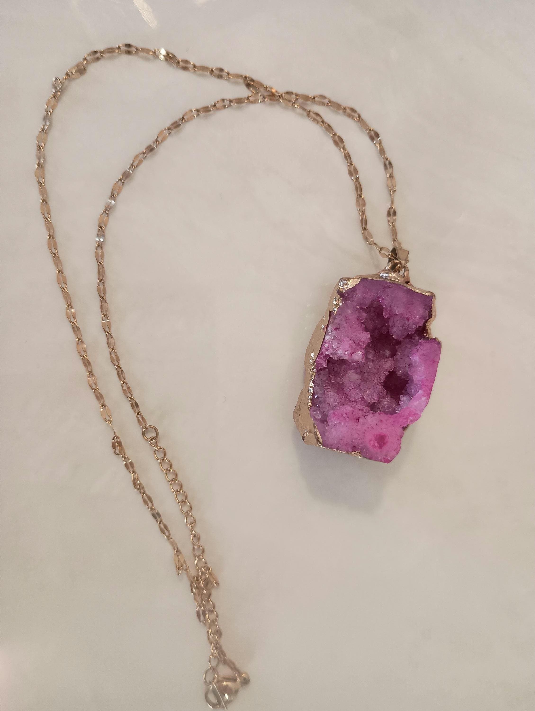 Huge pink fuschia drusy druzy natural chunky gold necklace
