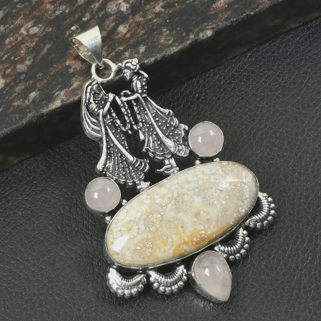 wedding Fossil Coral Rose Quartz Pendant, Sterling Silver Ornate Necklace (3" Huge)