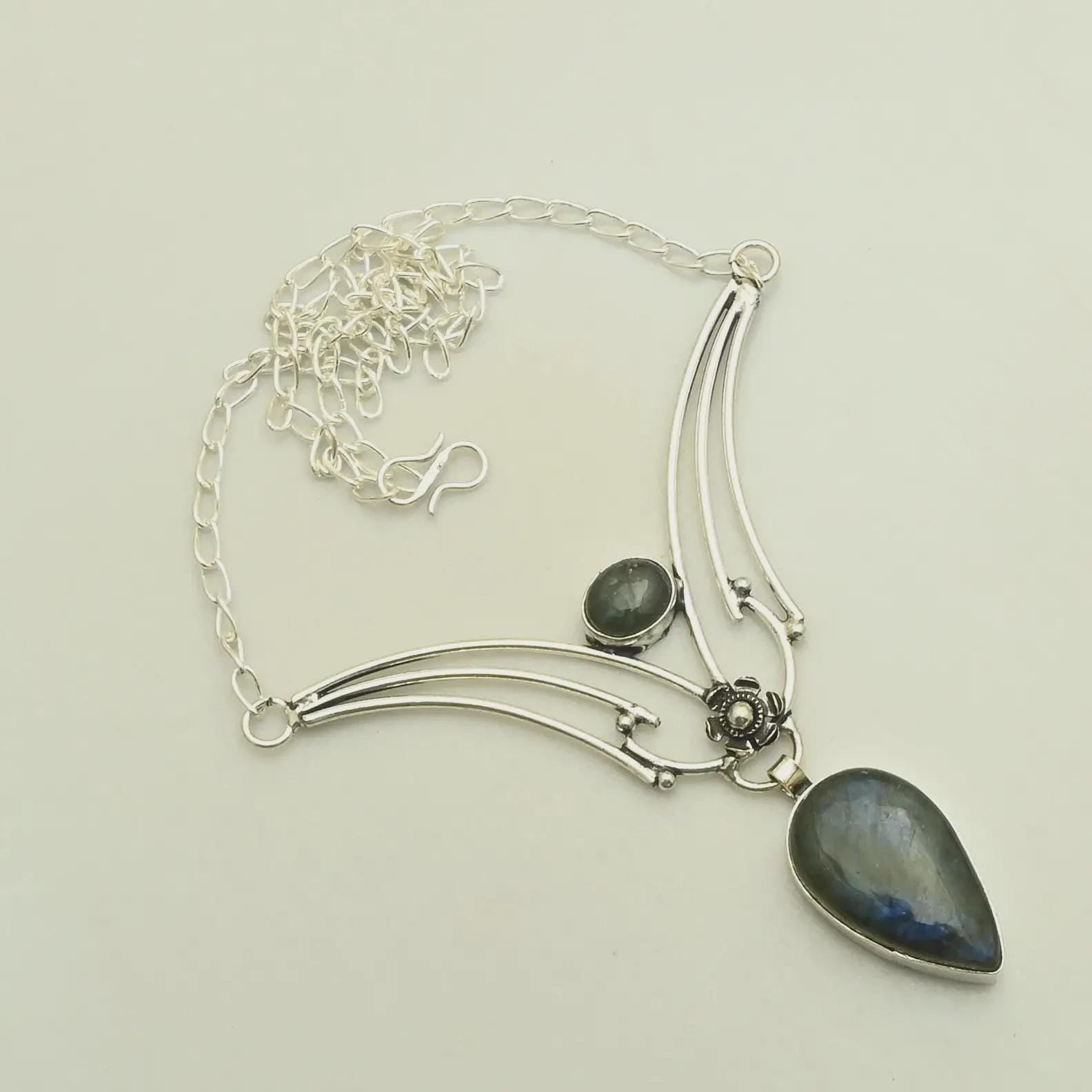 genuine LABRADORITE necklace silver teardrop and oval stones natural flower unique design