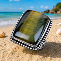 Ring size 9. Tiger's Eye natural stone. square rectangle silver