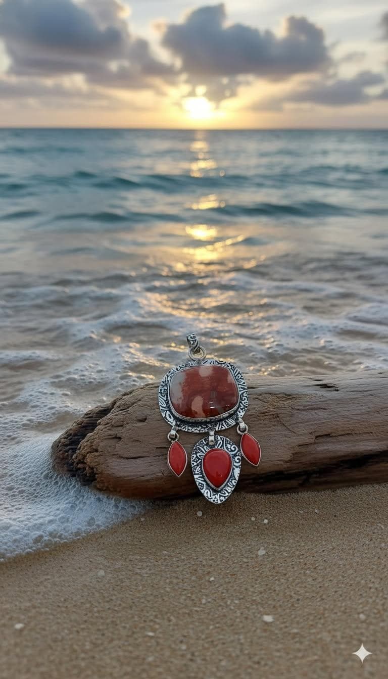 Red Rainbow Jasper & Coral pendant Huge 3" Silver multi stone dangling ethnic etched setting.