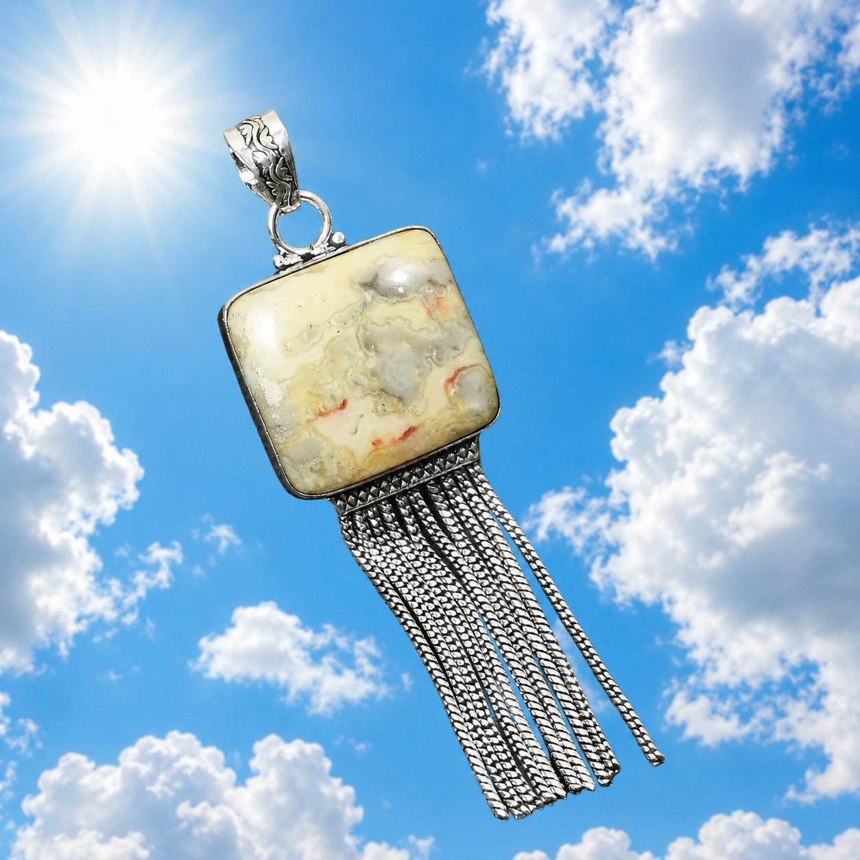 Crazy Lace Agate Square Pendant Necklace, Sterling Silver Dangling Chains, Beige Yellow Gray Orange