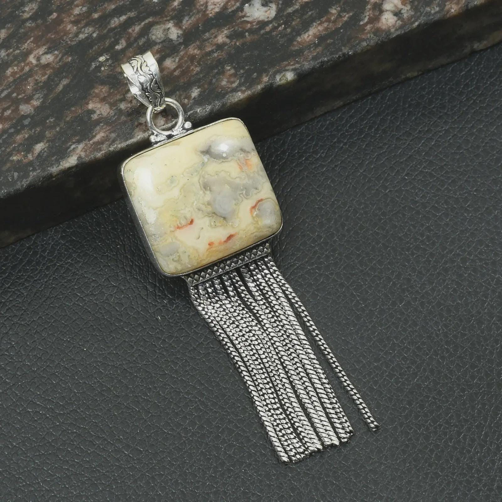 Crazy Lace Agate Square Pendant Necklace, Sterling Silver Dangling Chains, Beige Yellow Gray Orange