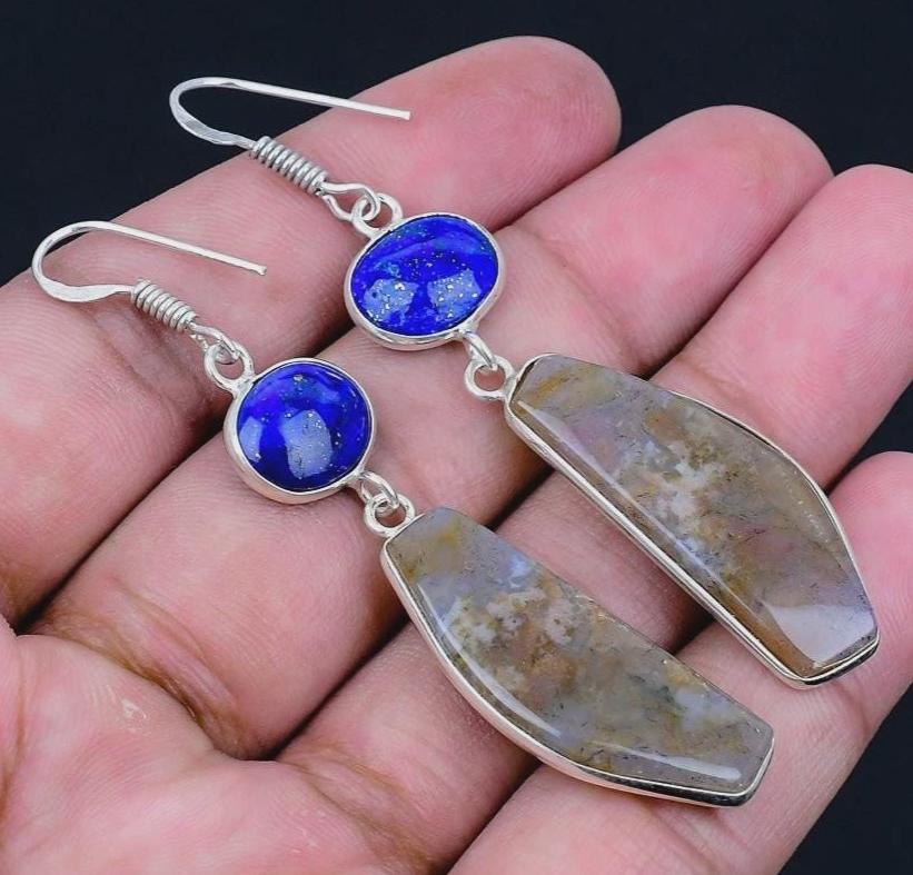 Lapis Lazuli Indian Moss Agate Dangle Earrings, Genuine Natural Stone, Silver Plated