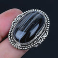 Ring size 7 Handmade banded Agate ring black white large Oval Natural Stone