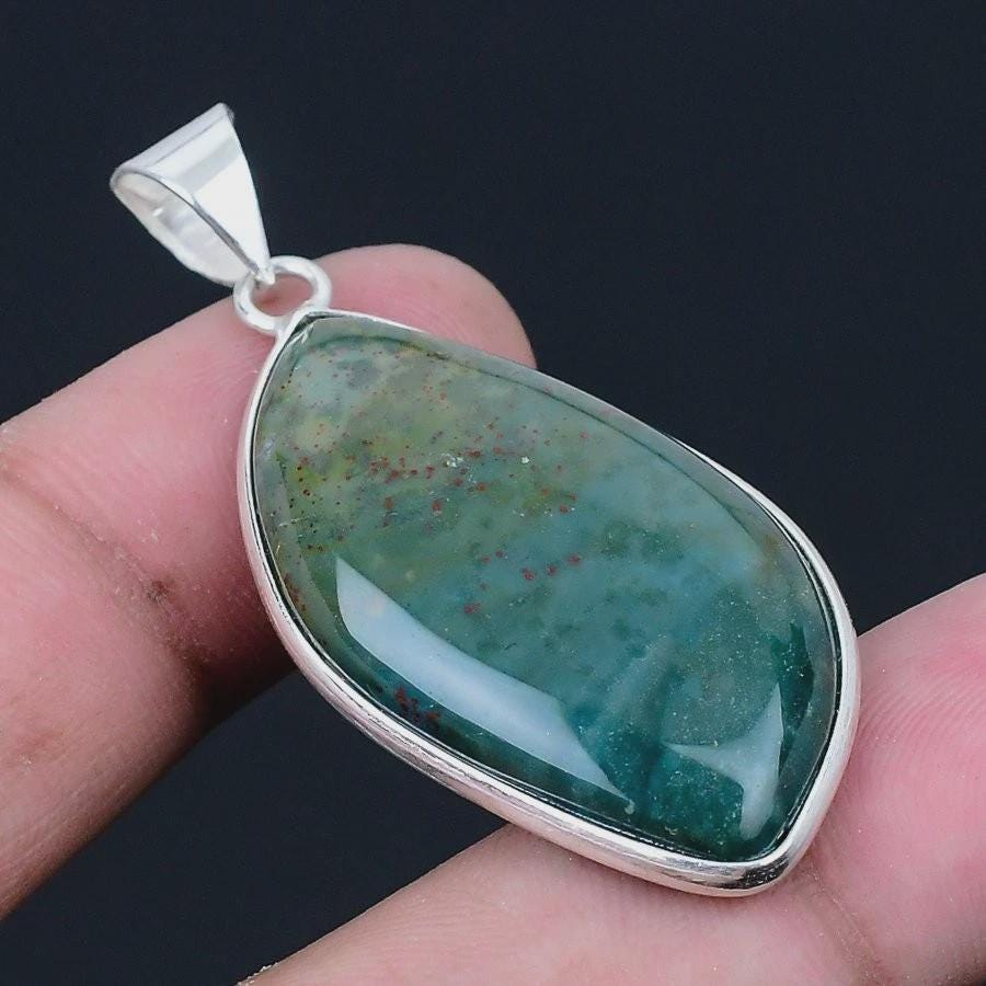 Green Pendant Bloodstone March Birthstone  1.86" Large Set in .925 silver teal red yellow