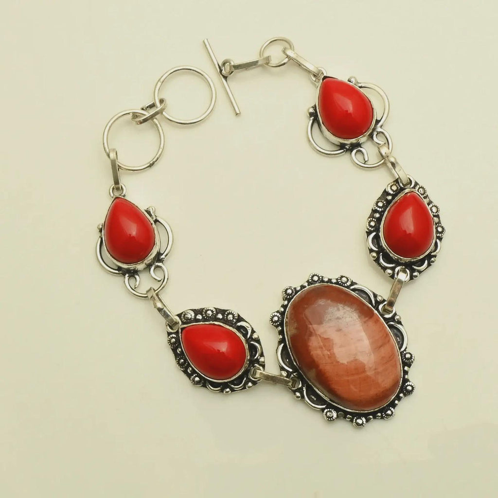 Multi Natural Stone Bracelet. Coral and Red Agate . 23 grams .Silver. Chunky. Chain link.