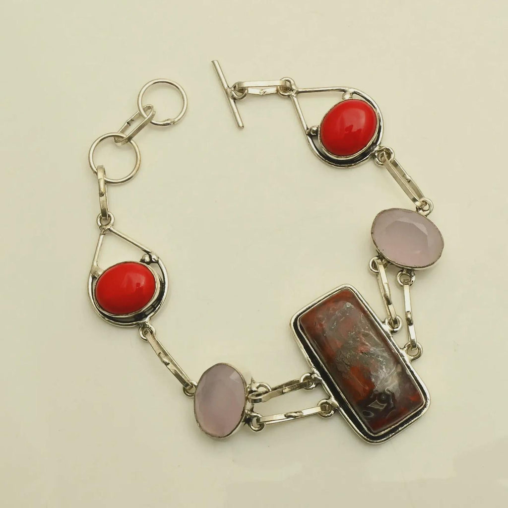 pink rose quartz coral and brown crazy lace agate bracelet multi stone silver link