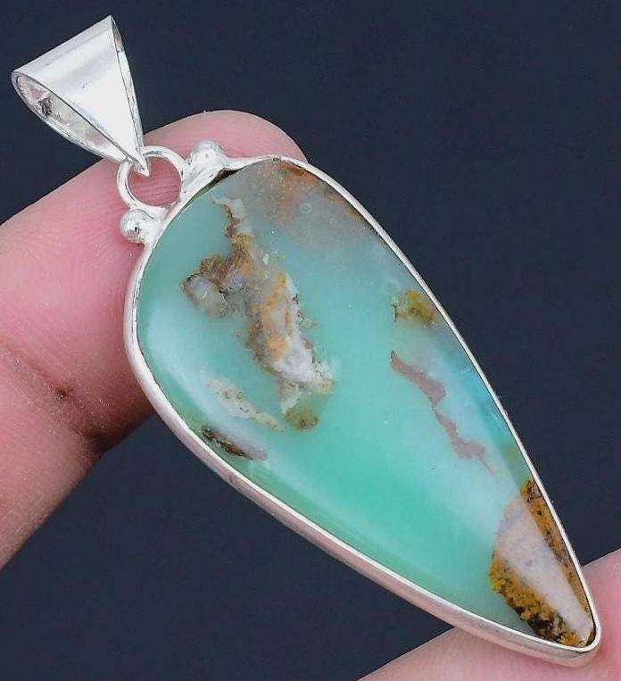 Boulder Chrysoprase 925 Silver Plated Handmade Pendant of 2.09" green blue teal brown Large!