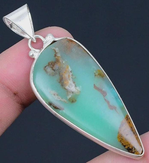 Boulder Chrysoprase 925 Silver Plated Handmade Pendant of 2.09" green blue teal brown Large!