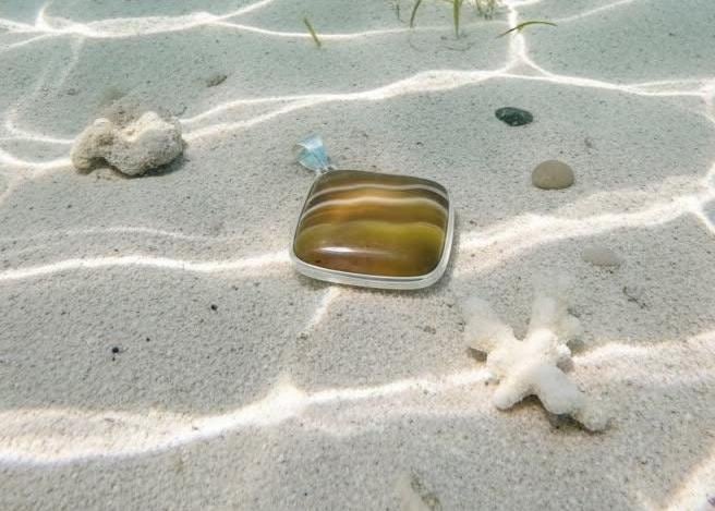 Square Brown tan Banded Agate Pendant: 70s Style Caramel Stone Jewelry
