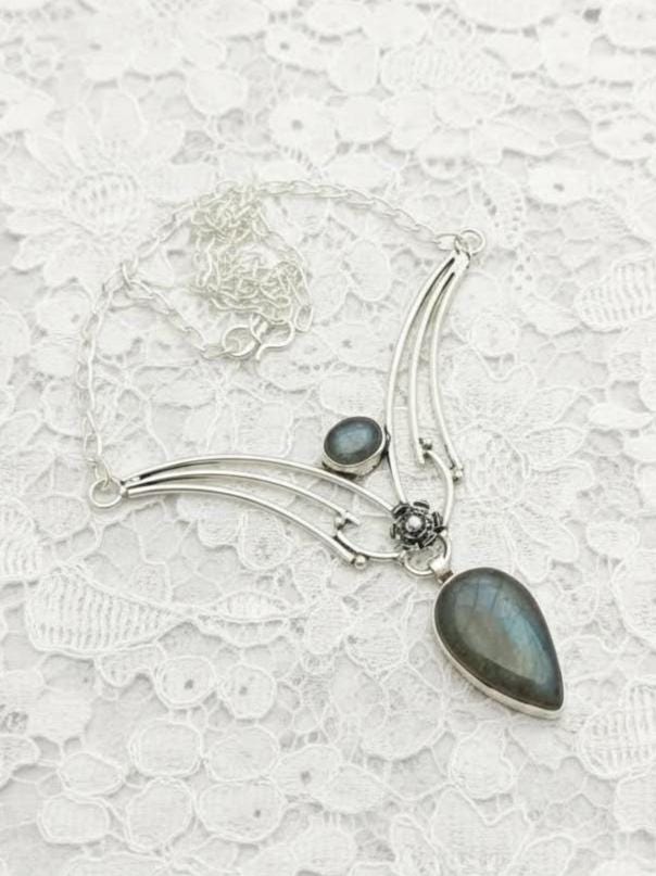 genuine LABRADORITE necklace silver teardrop and oval stones natural flower unique design