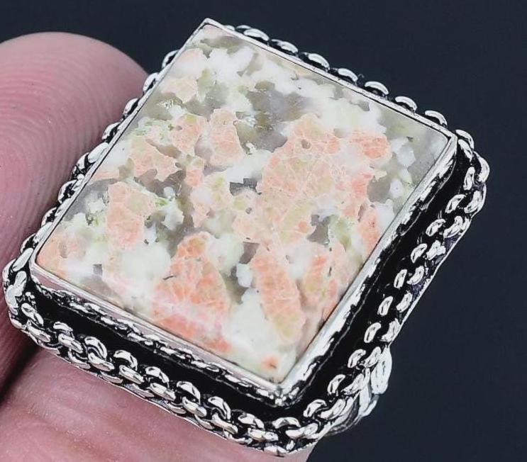 Unakite ring size 7.5 square natural stone peach olive green gray 912 silver large