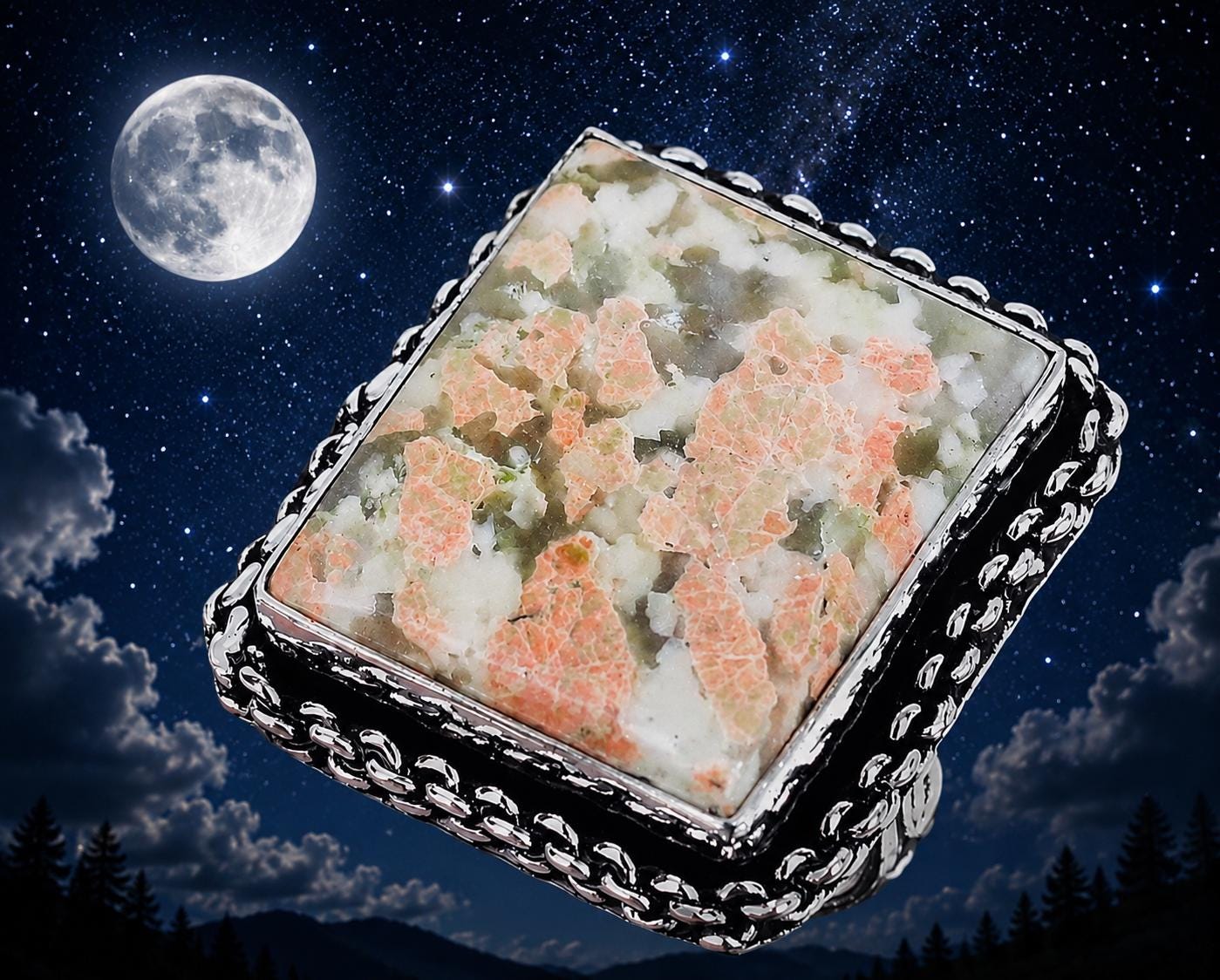 Unakite ring size 7.5 square natural stone peach olive green gray 912 silver large