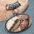 Rhodochrosite genuine pinks browns silver 1.6" large pendant unique swirls!!! Huge oval filigree bail