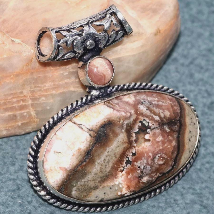 Rhodochrosite genuine pinks browns silver 1.6" large pendant unique swirls!!! Huge oval filigree bail