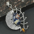 Sodalite Tiger's Eye Pendant, Sterling Silver Half Moon Unusual Design