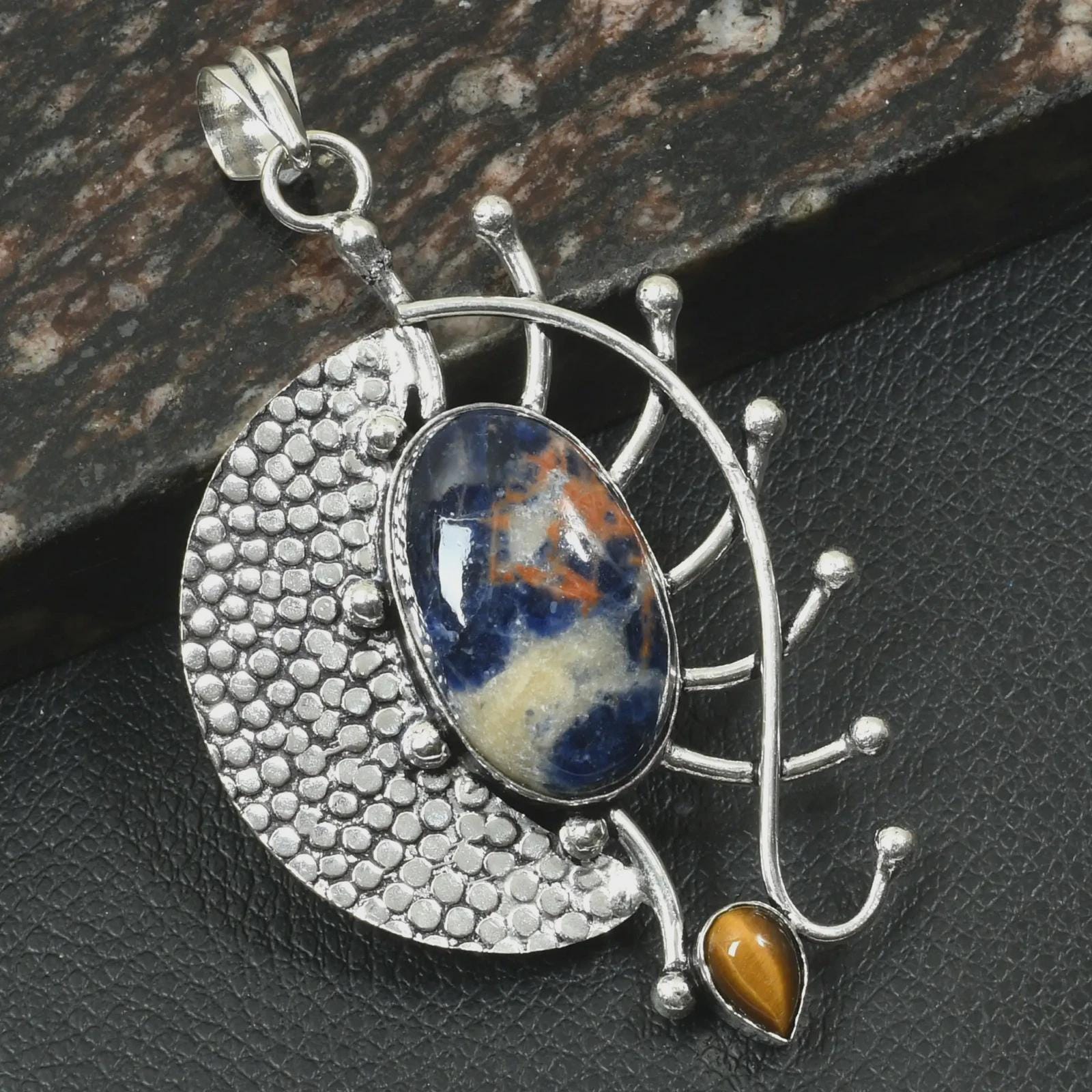 Sodalite Tiger's Eye Pendant, Sterling Silver Half Moon Unusual Design