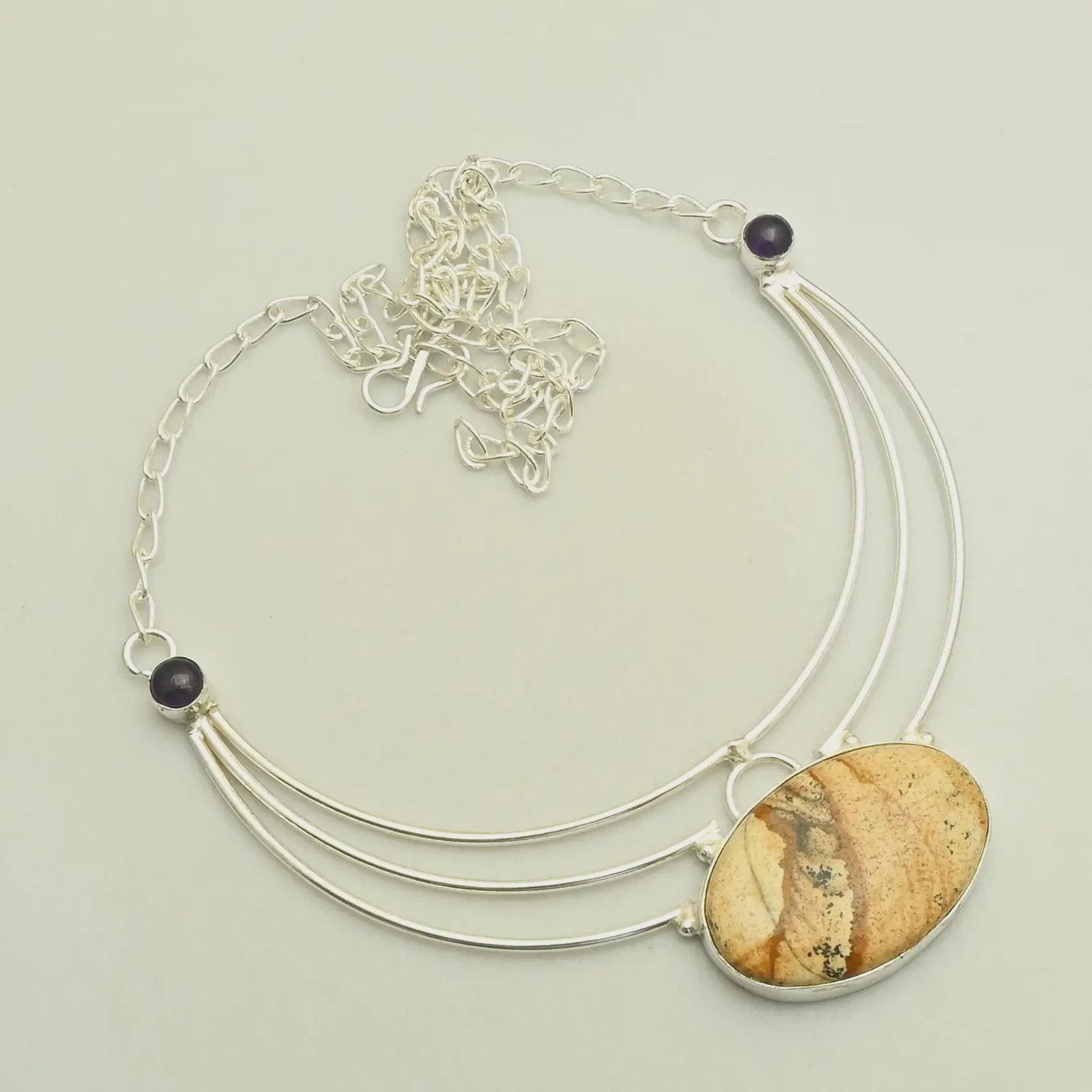 Picture Jasper Sterling Silver Necklace with Amethyst Accents – Genuine Stone Jewelry