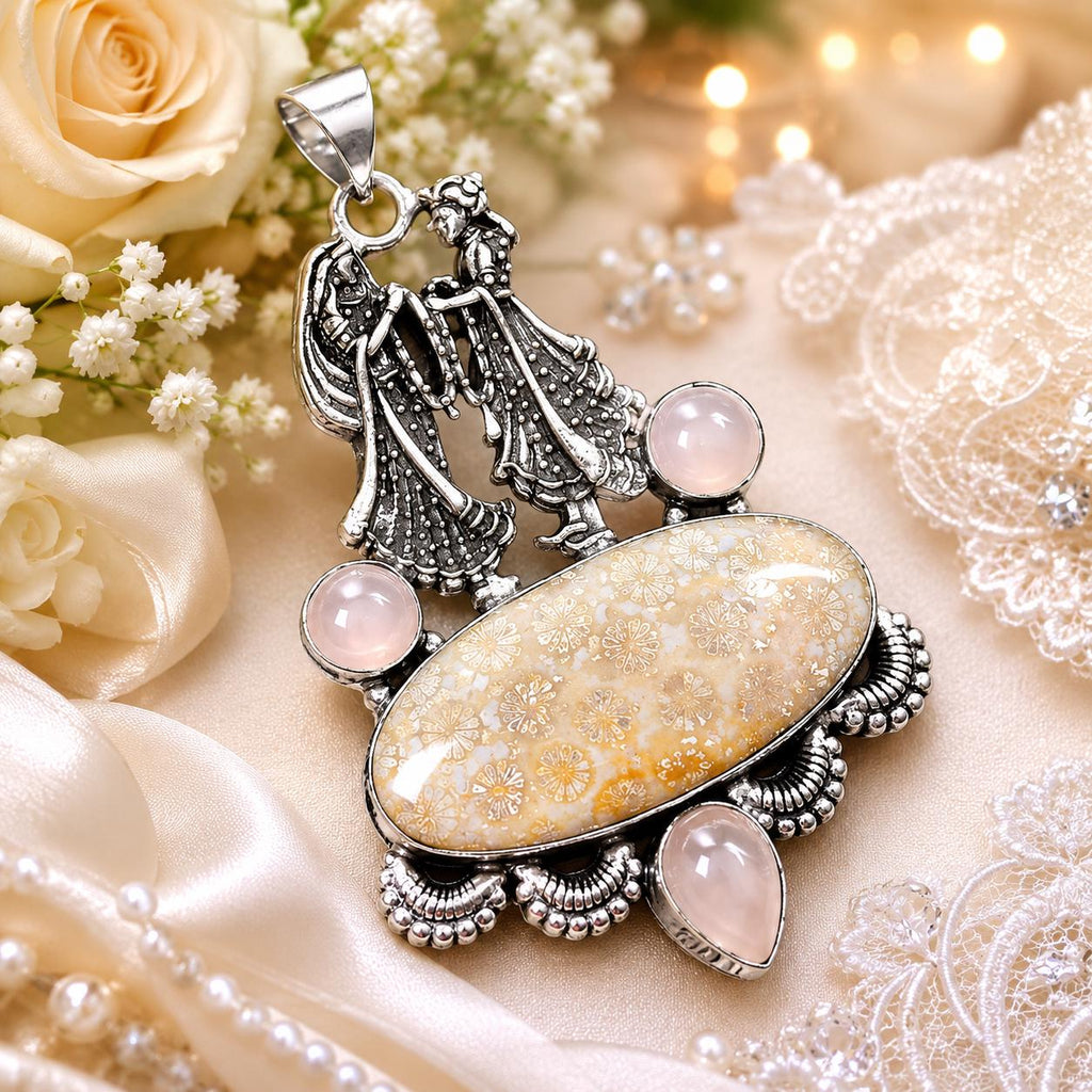 wedding Fossil Coral Rose Quartz Pendant, Sterling Silver Ornate Necklace (3" Huge)