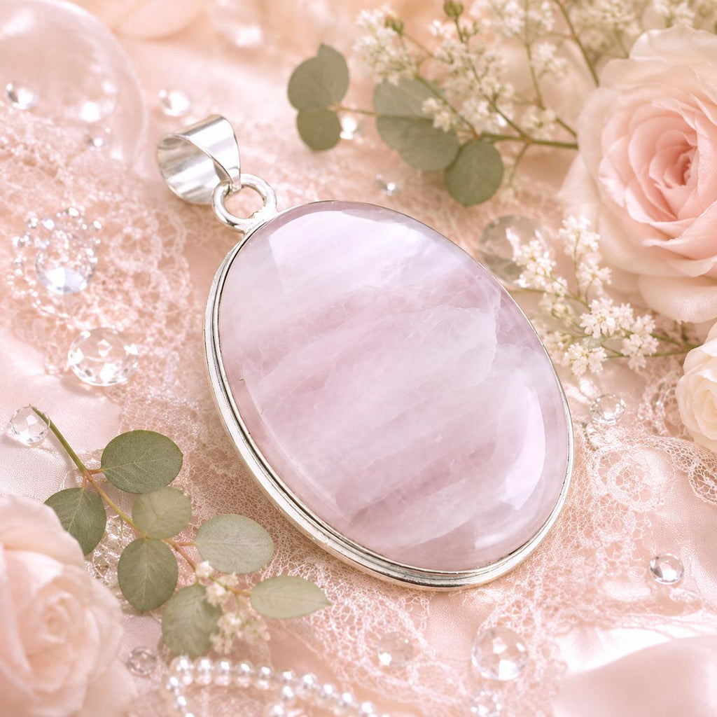 Light PINK Rose Quartz Oval Pendant . Milky banded cloudy  simple 1.89" Large
