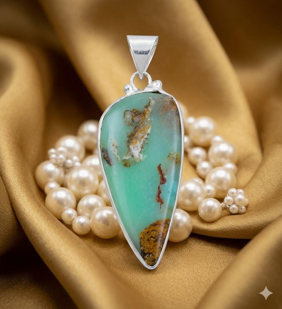 Boulder Chrysoprase 925 Silver Plated Handmade Pendant of 2.09" green blue teal brown Large!