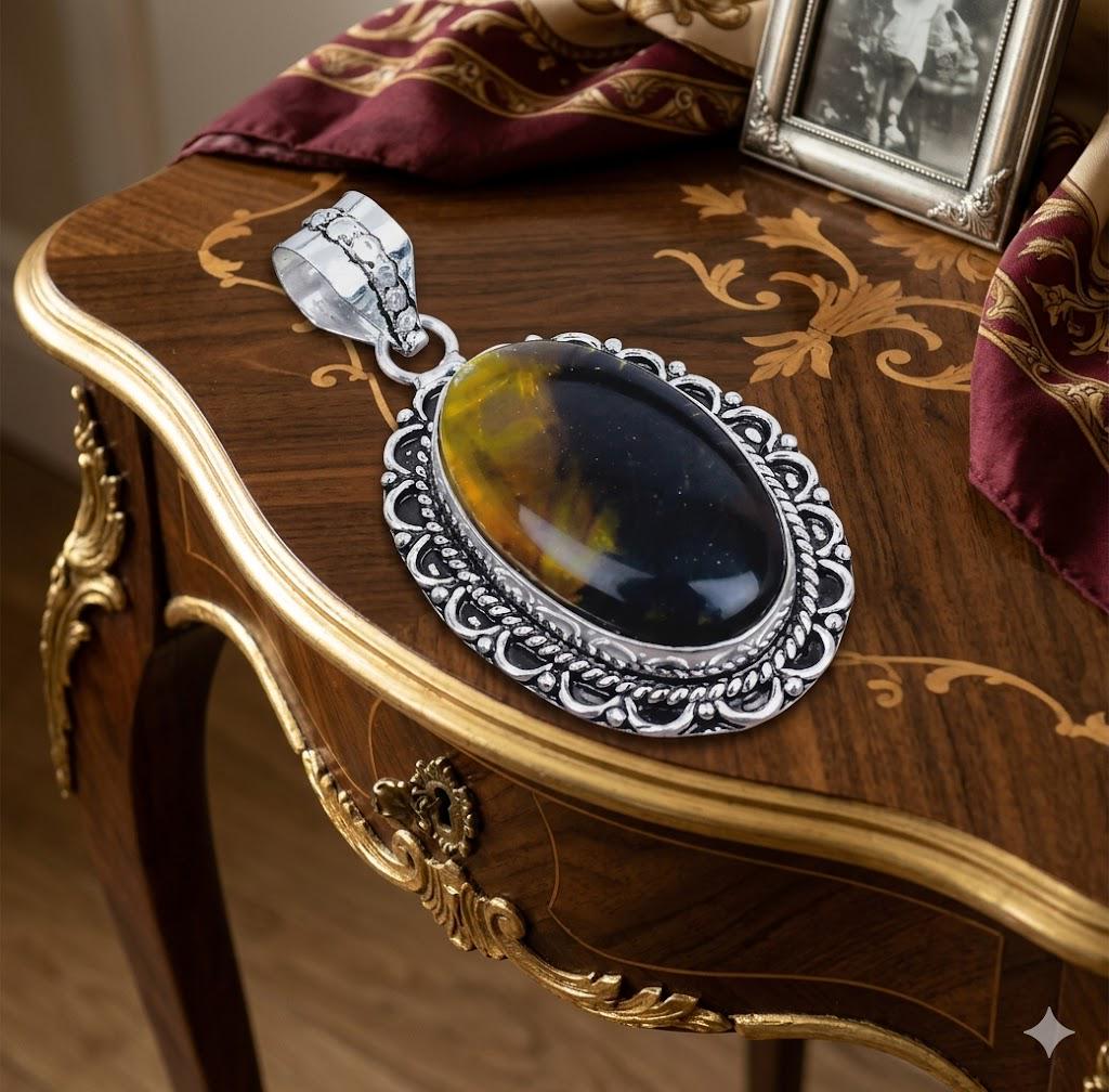 Large Oval Dichroic Glass Pendant, 60s-70s Style, Baroque Silver Plated