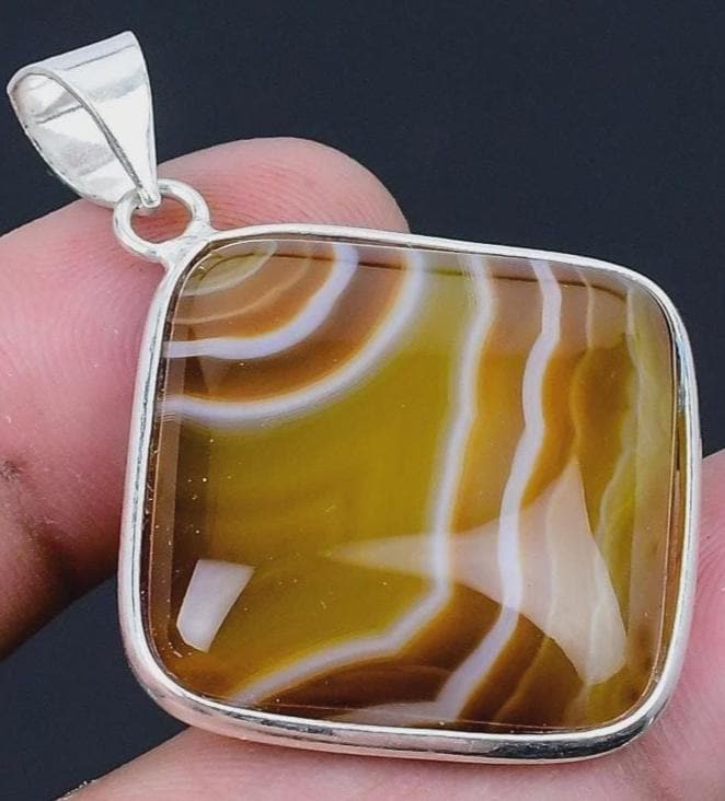 Square Brown tan Banded Agate Pendant: 70s Style Caramel Stone Jewelry