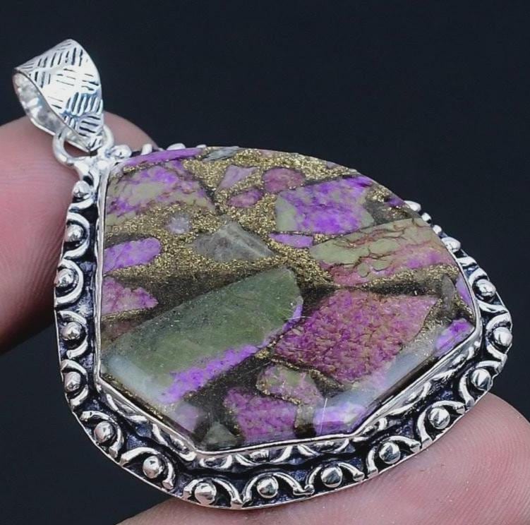 Copper Purpurite Mosaic 925 Silver Plated Handmade Pendant of 2.08" purple sediment lavender huge