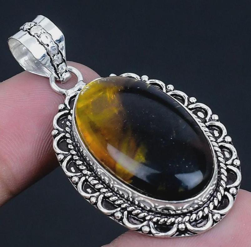 Large Oval Dichroic Glass Pendant, 60s-70s Style, Baroque Silver Plated