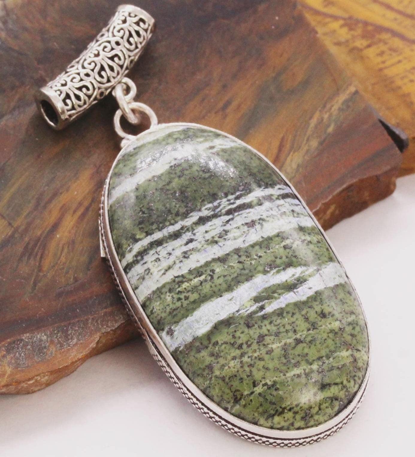 Huge Oval Green Swiss Opal pendant 2.6" filigree bail 925 silver
