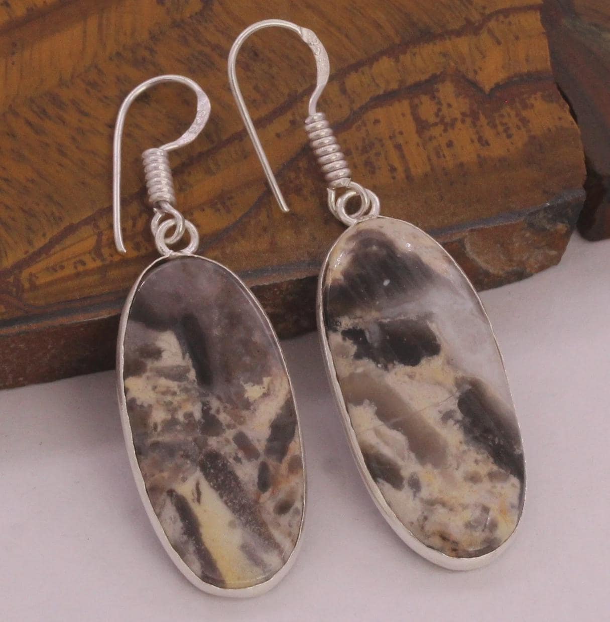 Oval Maligano Jasper Earrings, 925 Silver Plated, Charcoal Creamy Yellow Beige Stone