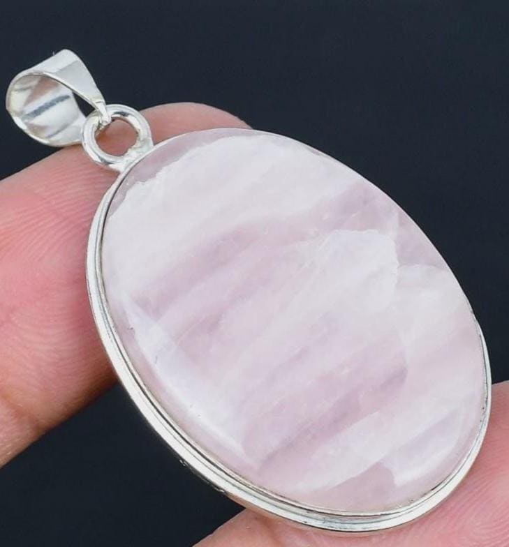Light PINK Rose Quartz Oval Pendant . Milky banded cloudy  simple 1.89" Large