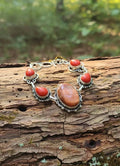 Multi Natural Stone Bracelet. Coral and Red Agate . 23 grams .Silver. Chunky. Chain link.