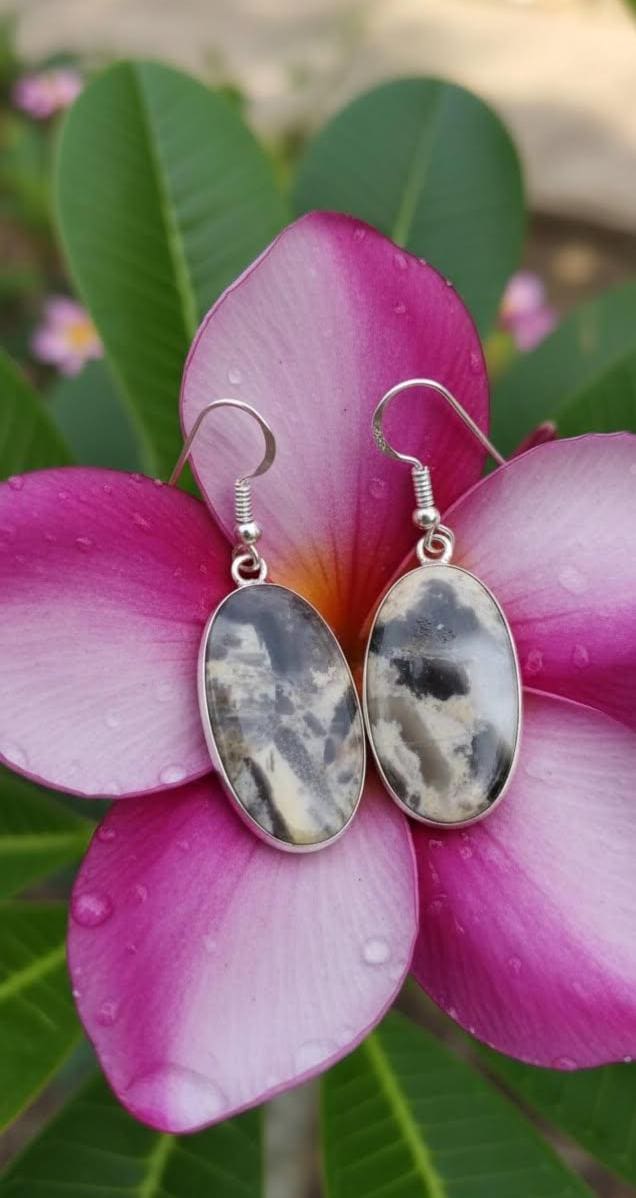 Oval Maligano Jasper Earrings, 925 Silver Plated, Charcoal Creamy Yellow Beige Stone