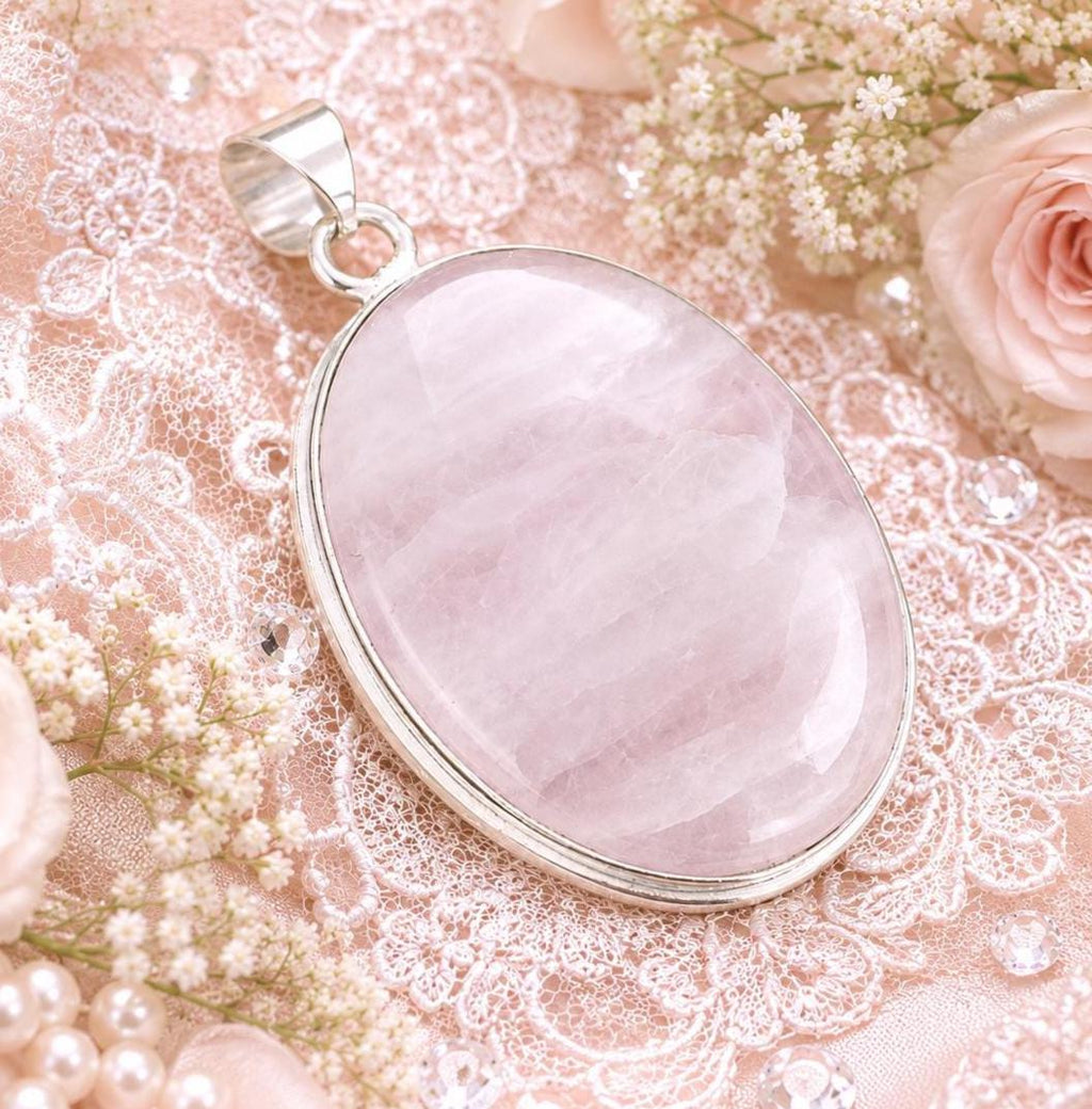 Light PINK Rose Quartz Oval Pendant . Milky banded cloudy  simple 1.89" Large