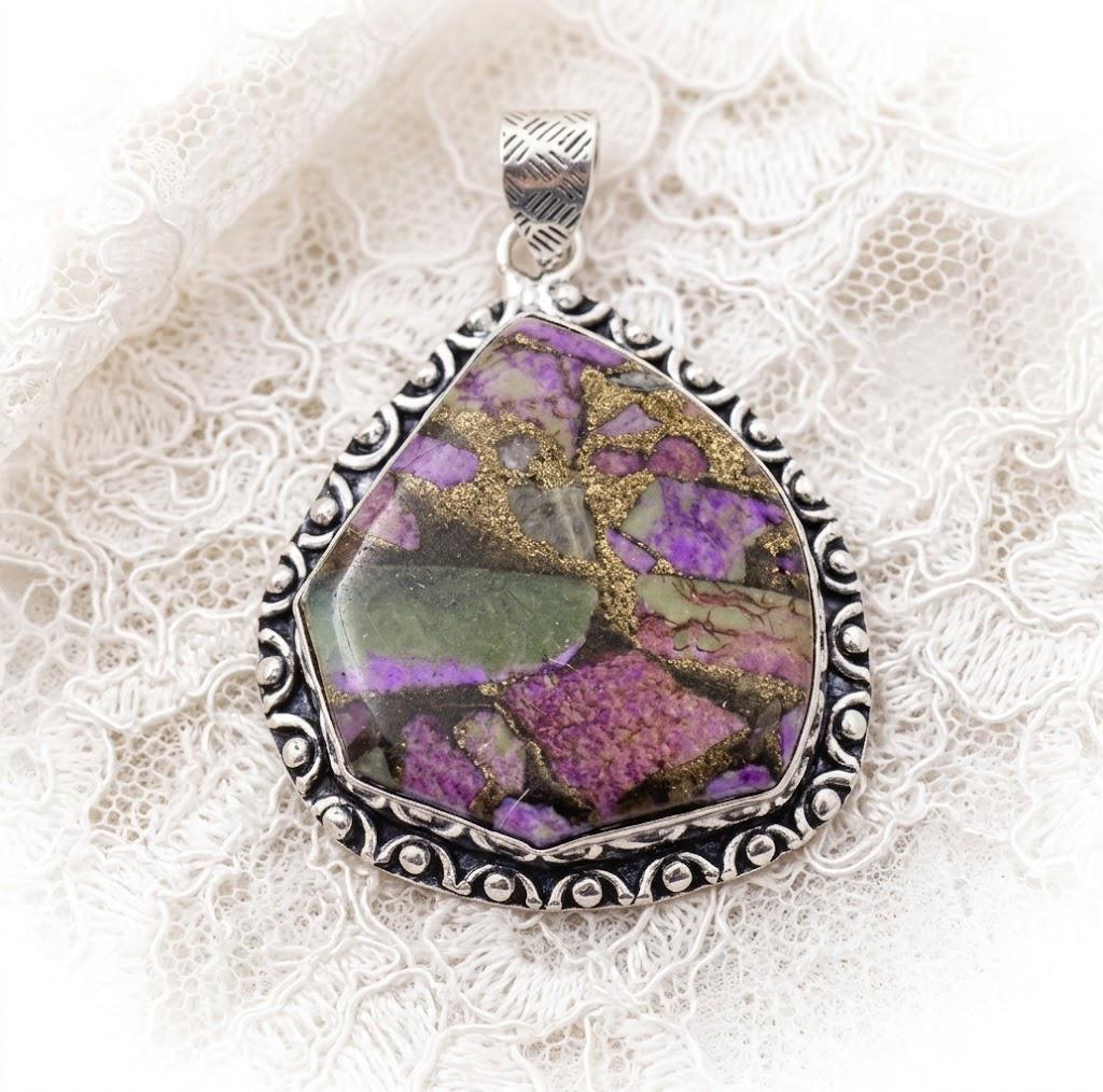 Copper Purpurite Mosaic 925 Silver Plated Handmade Pendant of 2.08" purple sediment lavender huge