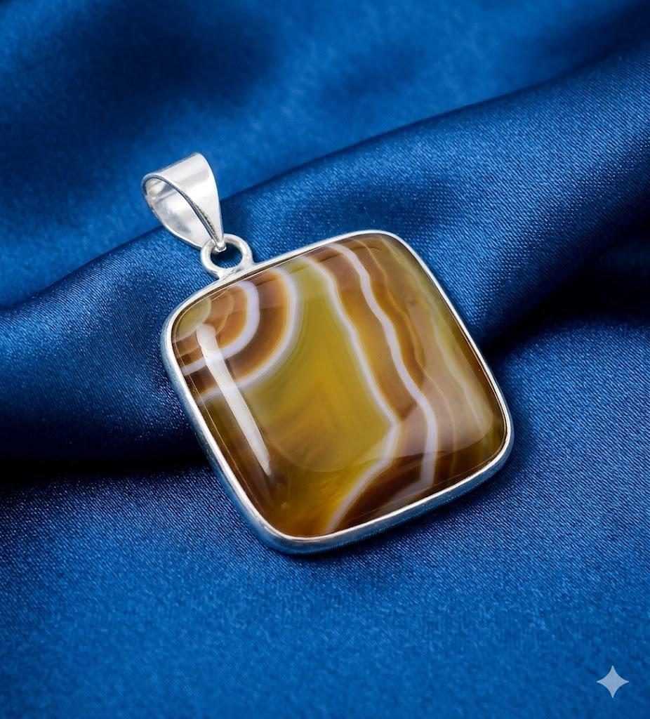 Square Brown tan Banded Agate Pendant: 70s Style Caramel Stone Jewelry